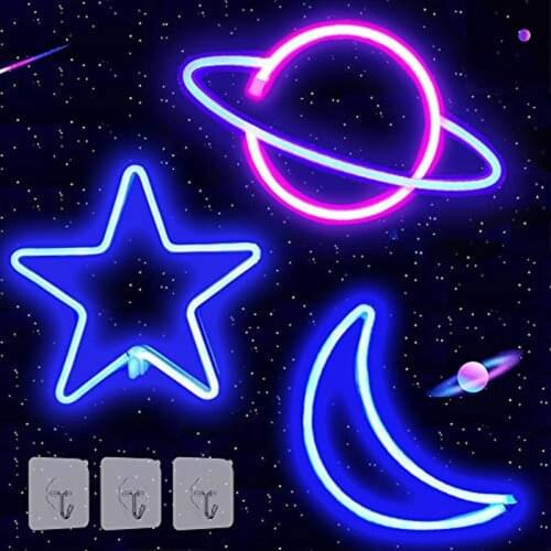 3 Pack Star Moon Planet Neon Lights Neon Signs for Wall Decor, USB or Battery Operated LED Signs for Bedroom Christmas