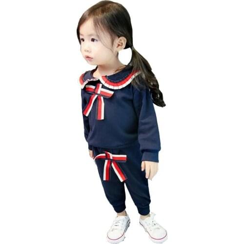 New Girls Spring Autumn Clothes Suit Sailor Collar Bow Long Sleeve T-shirt Pants 2Pcs/Sets Toddler Solid Tracksuit Kids Clothing