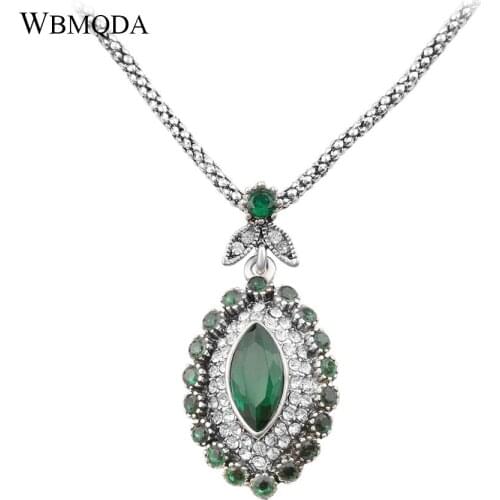 Hot Sale 2018 Vintage Bohemian Jewelry Green Pendant Silver Color Statement Chain Necklace Women Accessories Mothers Day Gift