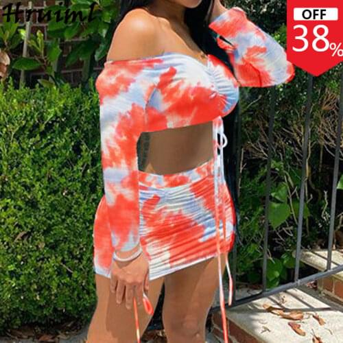 Tie Dye Print Sexy Two Piece Outfits Short Skirt and Long Sleeve Crop Top Set Drawstring Pleated Autumn Club Conjunto Feminino