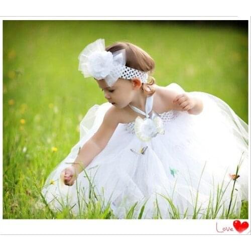 Cute Girls Butterfly White Tutu Dresses Kids Crochet Tulle Tutus Ball Gown with Flower Headband Children Wedding Party Dresses