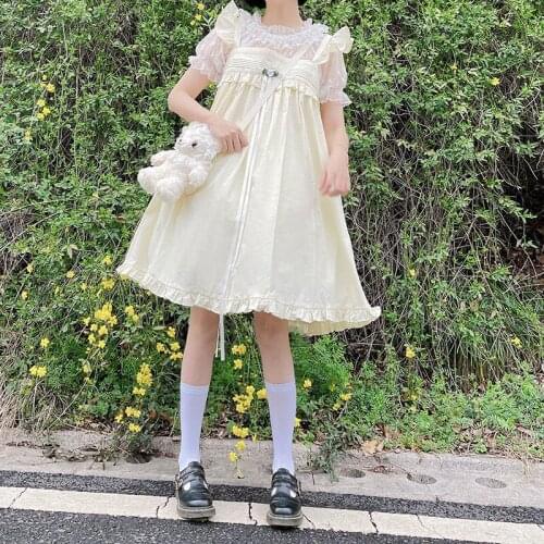 Japanese Sweet Girl Lolita Dress Kawaii Cute Ruffle Flower Bow Sleeveless Drees 2021 Summer Solid Color Elegant Retro Lady Drees