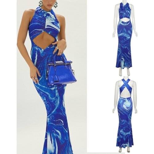 Y2K Sexy Beach Bodycon Dress Women Hollow Out Off Shoulder Backless Print Tie Dye Maxi Dresses Summer