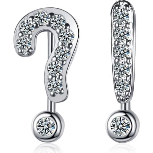New Fashion Question Mark Exclamation Mark Symbol Ear Studs Inlaid Zircon Black and Silver Color Earrings Charm Women Jewelry