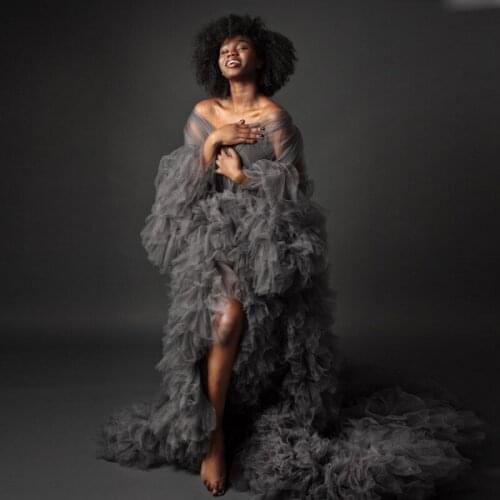 Gray Tulle Maternity Dress Long Mesh Evening Dress For Maternity Photoshoot Babyshower See Thru Party Gowns Full Sleeve