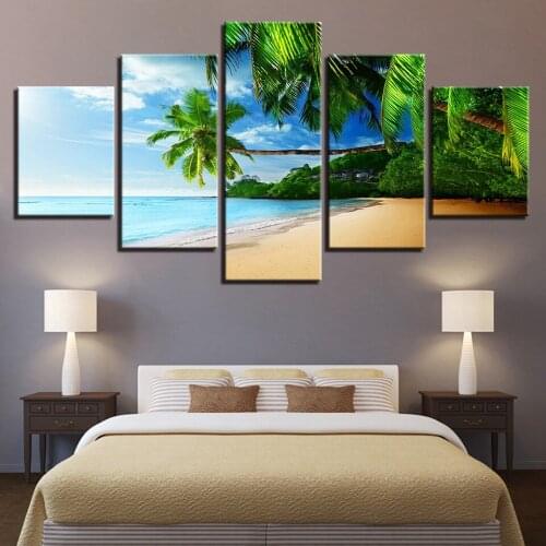 Modern Canvas Poster Modular Living Room Home Decor 5 Pieces Beach Coconut Trees Seascape Paintings Wall Art Pictures Framework