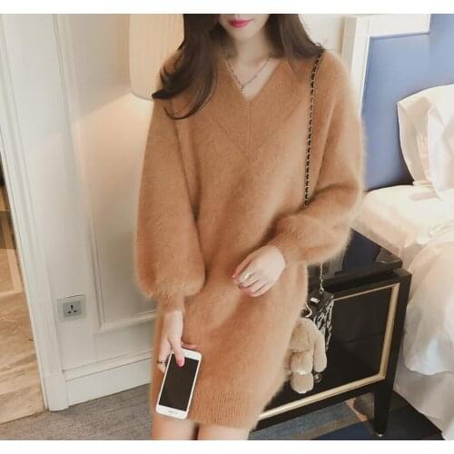 Vintage mohair solid color long-sleeved V-neck warm dress 2019 spring new solid knit mini skirt women