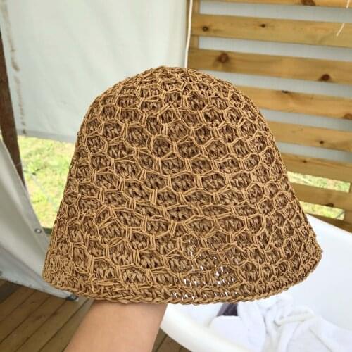 202103-YZ new Double layer hollow knitting paper straw holiday lady sun bucket cap women leisure hat