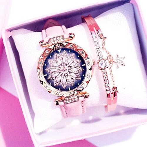 Women Watches Bracelet Set Ladies Bracelet Flower Watch Casual Leather Quartz Wristwatches Clock Relogio Feminino