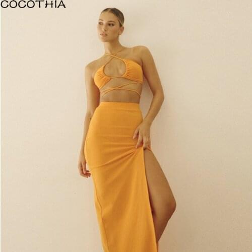 COCOTHIA Chest Wrap Strap Halter Backless Lace Up Bandage Crop Top High Split Long Skirt Summer Urban Women Two Pieces Outfits