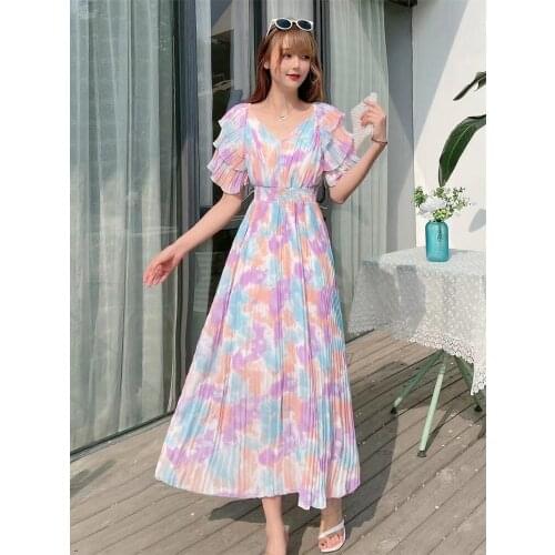 2021 New Summer Women Beach Vacation Dress Sweet Multi-layer Ruffle Sleeve Colorful Print Pleated Long Dress