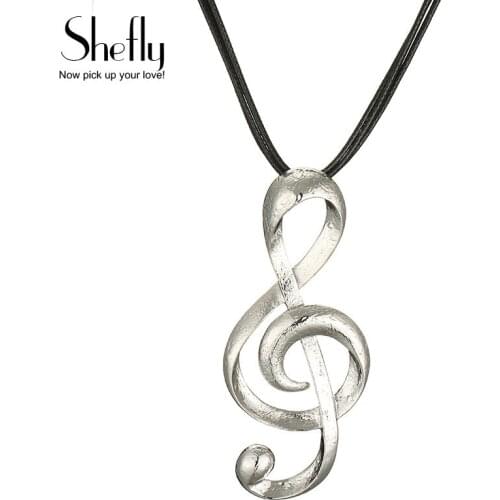 Silvery Music Note Big Pendant Necklace for Women Three Black Leather Long Chain Women Necklace Punk Style Girl Fashion Jewelry