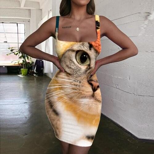 Giyu Brand Animal Dresses Women Cat Halter Sleeveless Lovely Vestido Sexy Harajuku 3d Print Womens Clothing Plus Size Short