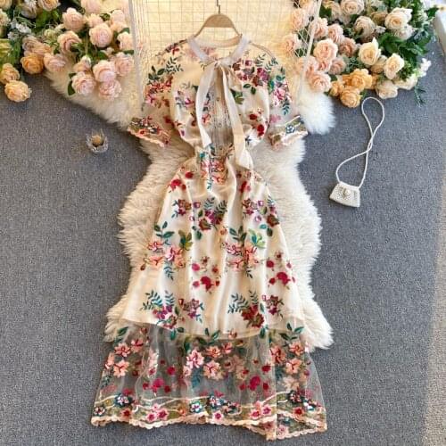High Quality Womens 2021 New Runway Fashion Contrast Bow Slim Embroidery Flower A-line Dress Elegant Vestidos De Mujer