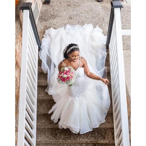 Spaghetti Strap Mermaid Wedding Dresses Backless 3D Floral Appliqued Lace Bridal Gowns Tulle vestido de novia Plus size