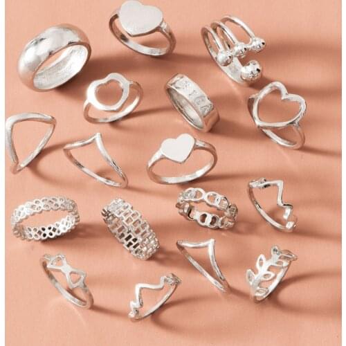 17 Pcs/Set Bohemian Vintage Leaves Geometric Ring Set Women Charm Joint Ring Fashion Jewelry Gift