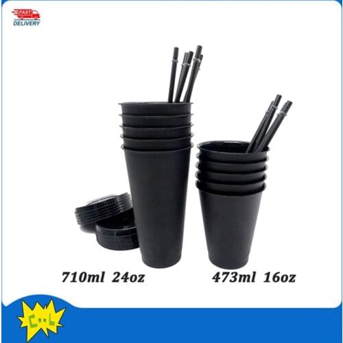 5Pcs/Pack Black Reusable Plastic Water Bottle Cold Cup with Lid and Straw Magic Personalized Tumbler with Straw Coffee Mug Tasse