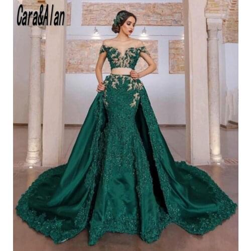Two Pieces Dark Green Prom Dresses Removeable Train Off Shoulder Arabic Mermaid Evening Gowns Lace Applique vestidos de noche