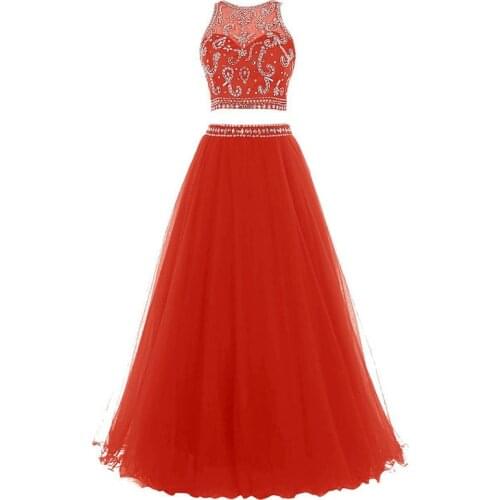 Shining Two-piece Evening Dresses Scoop Sleeveless Sequined Formal Party Gowns Tulle Beading Crop Top Evening Gowns for Women