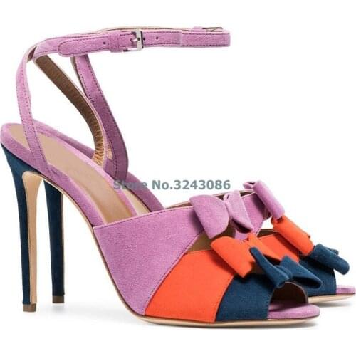 Contrast Color Suede Butterfly-Knot Strap Thin High Heel Sandals Blue Orange Pink Match Colors Sweet Stiletto Heel Summer Shoes