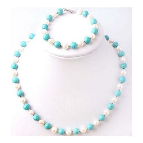 Fashion jewelry Beautiful 7-8mm White Freshwater Pearl & turquoise Necklace Bracelet Jewel Set