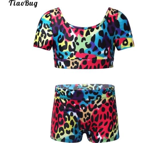 TiaoBug Kid Girls Summer 2Pcs Mermaid Fishscale Square Leopard Print Gym Yoga Sport Suit U Neck Short Sleeve Crop Top Shorts Set