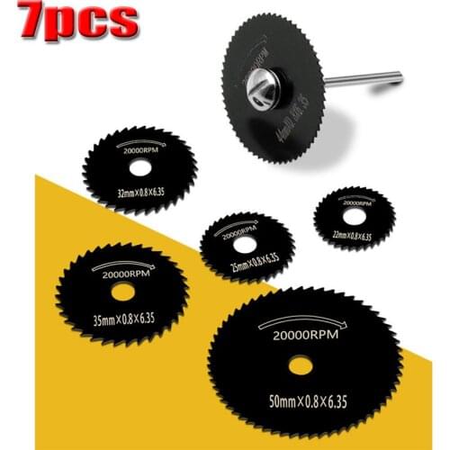 7Pcs HSS Circular Saw Blade 22/25/32/35/44/50mm Metal Steel Woodworking Cutting Discs and 1 Rod For Dremel Rotary Abrasive Tool