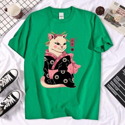 Ukiyoe Japanese Geisha Cat Printed Man Tshirt Style Crewneck T Shirt Fashion Loose Tshirts Simplicity S-Xxxl Men Short Sleeves