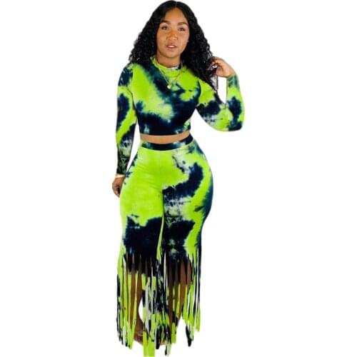 HAOOHU Tie Dye Two Piece Set Casual Women Clothing Long Sleeve Top and Tassel Wide Leg Pants Suit Fall Winter 2019 Streetwear
