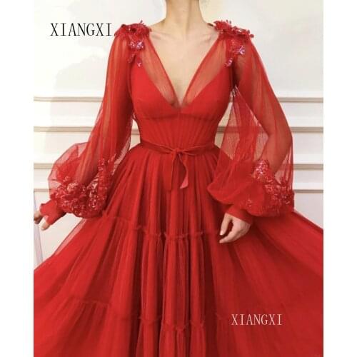 Red Muslim Evening Dresses 2020 A-Line Long Sleeves V-Neck Tulle Islamic Dubai Saudi Arabic Formal Evening Gown Long Prom Dress