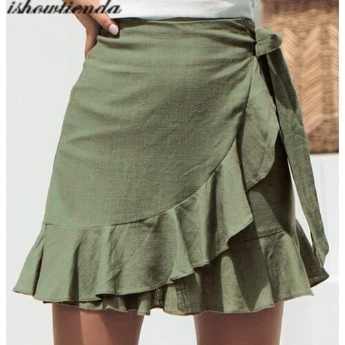 Sexy Mini Skirt Fashion Women Solid Ruffles Bandage Lace Up Short Skirt A-Line Pleated Chiffon Beach Wrap Skirt