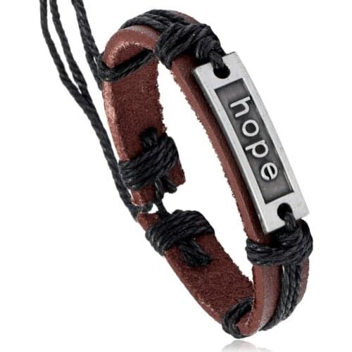 Fashion Hope Brown Genuine Leather Bracelet Retro Rope Wrap Charms Bangle Wristbands Vintage Casual Women Men Wish Jewelry Gift