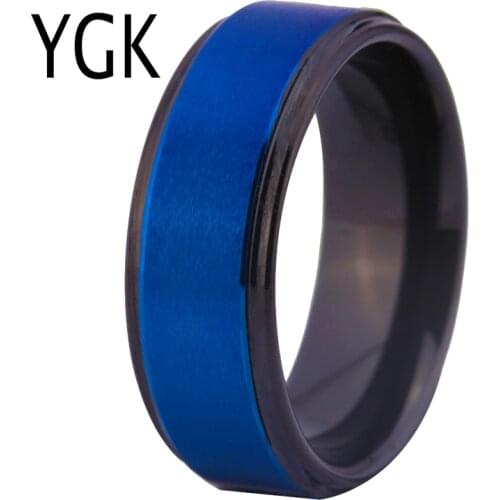 Mens Tungsten Wedding Ring Women Engagement Rings Free Engraving Ring Blue Matte Center Black Steps Comfort Fit Design Ring