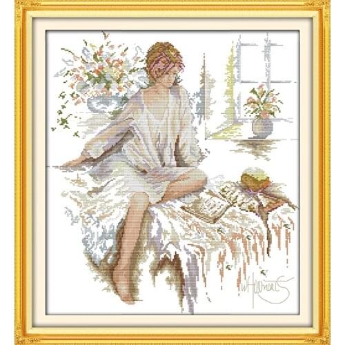The Reading Woman People Canvas Aida Arts Cross Stitch Kits 11CT 100% Printed Embroidery DIY Handmade Needlework Wall Home Decor