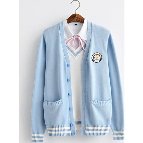 2017 new Cute Penguin baby embroidery college style Japan soft sister JK uniforms knitted Knit cardigan sweater blue & white
