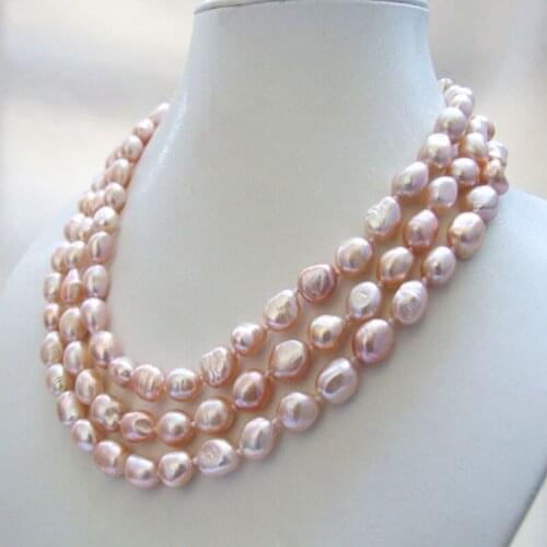3 strands genuine natural pink baroque freshwater pearl necklace 8-9mm
