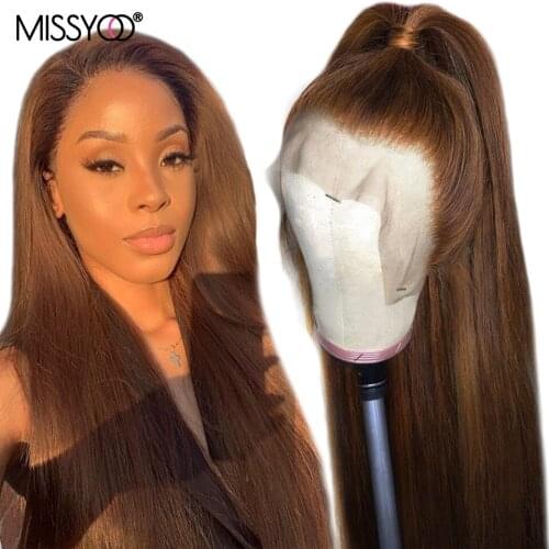 Straight Brown Color Lace Front Human Hair Wig For Women Peruvian Honey Blond Wig PrePlucked T Part Remy Wig 180% Bleached Knots
