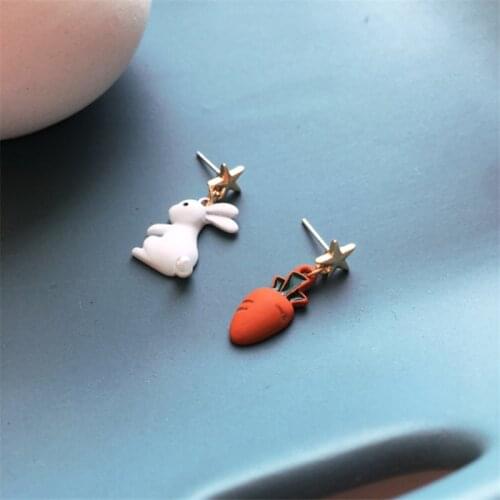 Fashion Cute Animal Bunny Rabbit Carrot Stud Earrings for Women star Asymmetry Creative Cartoon Ear Jewelry for Child Girls