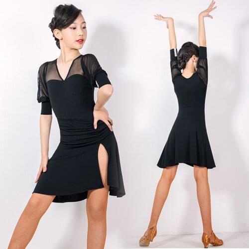 Mesh Latin Dance Dress Girls Black Summer Dress Designer Clothes Salsa Dancing Outfit Performance Costume Tap Dance Wear JL2849