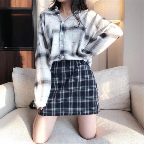 2021 Spring and Autumn Harajuku Style Fat Large Size A-line Skirt Plaid High Waist Was Thin