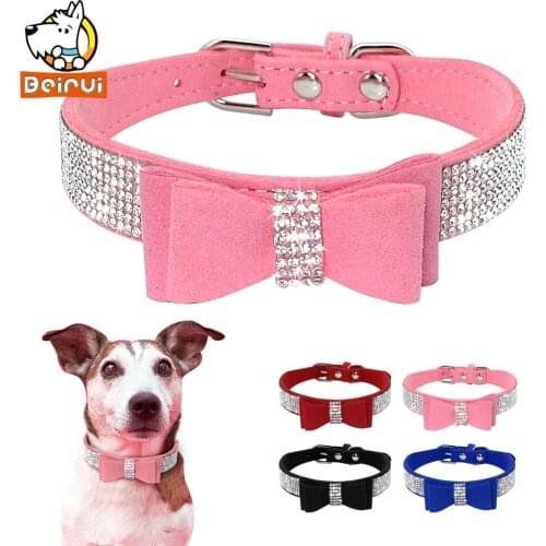 Suede Rhinestone Dog Collar Sparkly Crystal Bow Tie Dogs Cat Collars Bowknot Diamonds Collars for Small Medium Pets Kitten Puppy
