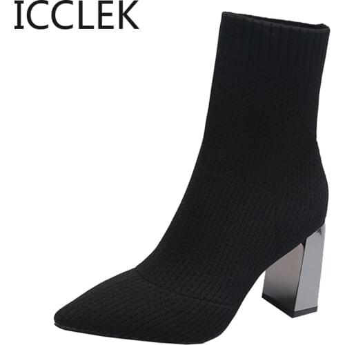 Black 8cm Metal Square Heels Cotton Socks Boots Women Stretch Fabric Pointed Toe Shoes Ankle Boots For Woman Boats