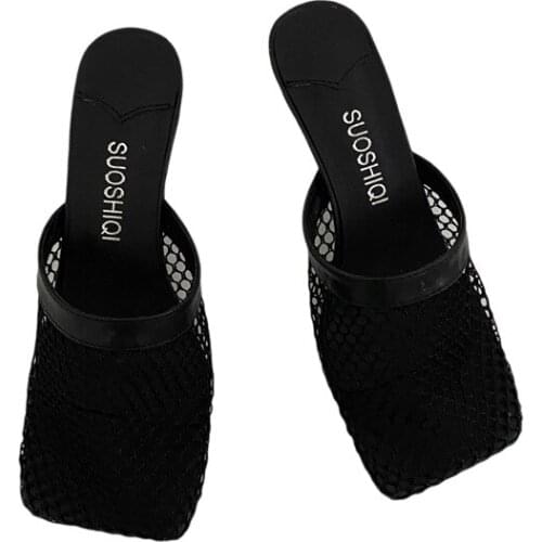 New Arrival Womens Shoes for 2021 Summer Solid Square Toe Females High Heels Mesh Air Breathable Ladys Slippers Stylish shoes