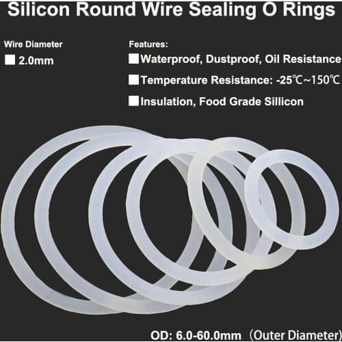 Silicon Round Wire Sealing O Rings OD6.0mm-60.0mm Wire Diameter 2.0mm White