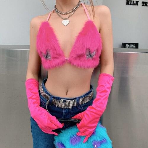 New Rose Red Plush Spaghetti Sexy Hot Girls Y2K Butterfly Embroidery Sling Tube Cropped Top Women winter crop tops