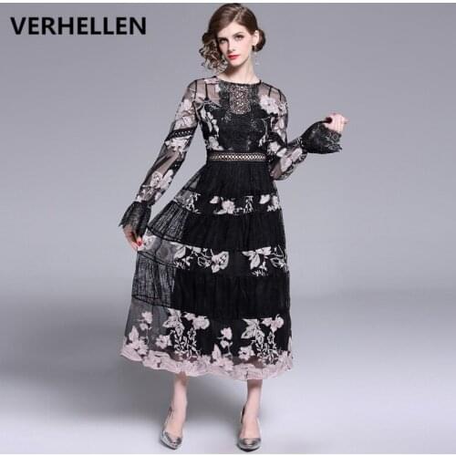 VERHELLEN High Quality Runway Maxi Dresses 2020 Spring Womens Lantern Sleeve Mesh Flower Embroidery Dress Female Party Dress