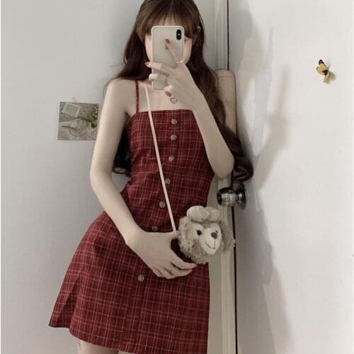 Korean Style 2020 Summer New Back Lace-up A- line Mid-Length Red Plaid Strap Dress for Women Fashion kawaii dress lolita dress
