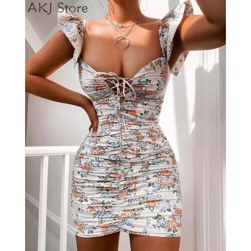 Women Floral Print Lace-up Front Flying Sleeve Ruched Mini A-Line Dress
