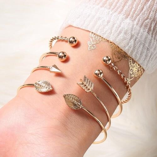 4 pcs браслеты на руку Bohemian Tassel Bracelets for Women Jewelry Geometric Leaves Beads Arrow Layered Charm Bracelet Set