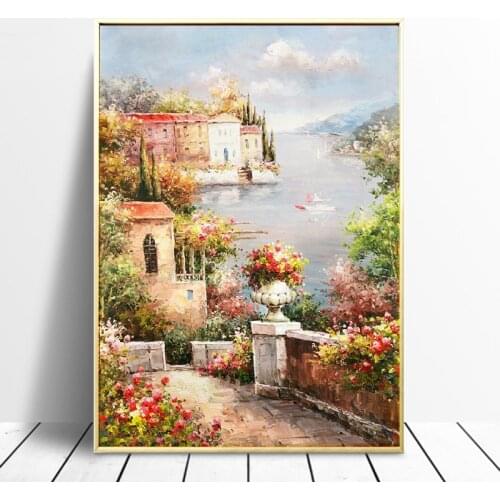 Abstract Flower Landscape Poster and Prints Mediterranean Sea Garden Oil Painting on Canvas Wall Art Picture for Living Room